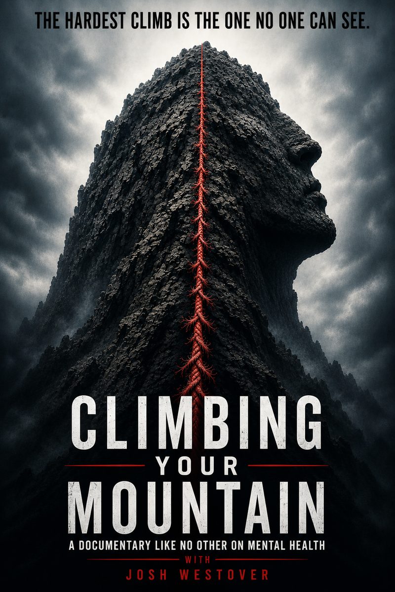 Poster for Climbing Your Mountain: a dark mountain shaped like a human face, with the words The hardest climb is the one no one can see.